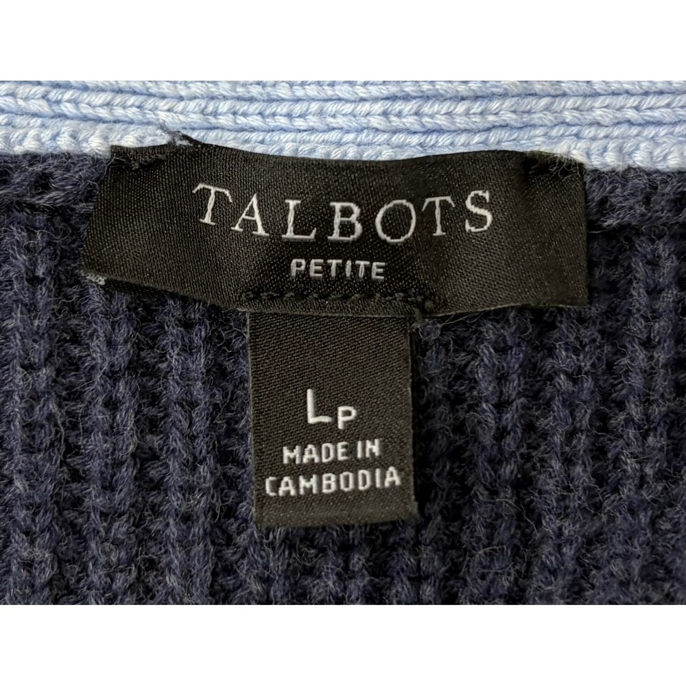Talbots Petite LP Pima Cotton Cardigan Sweater Navy Blue Light Blue Button Front - Picture 3 of 10